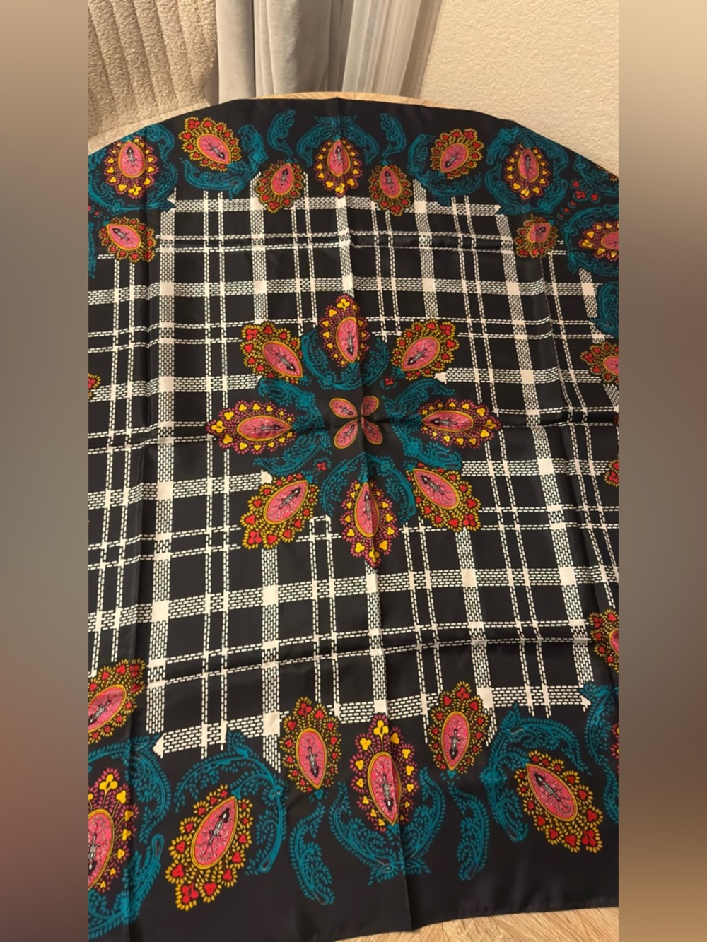 Diane Von Furstenberg Black Scarf with Teal & Pink Accents